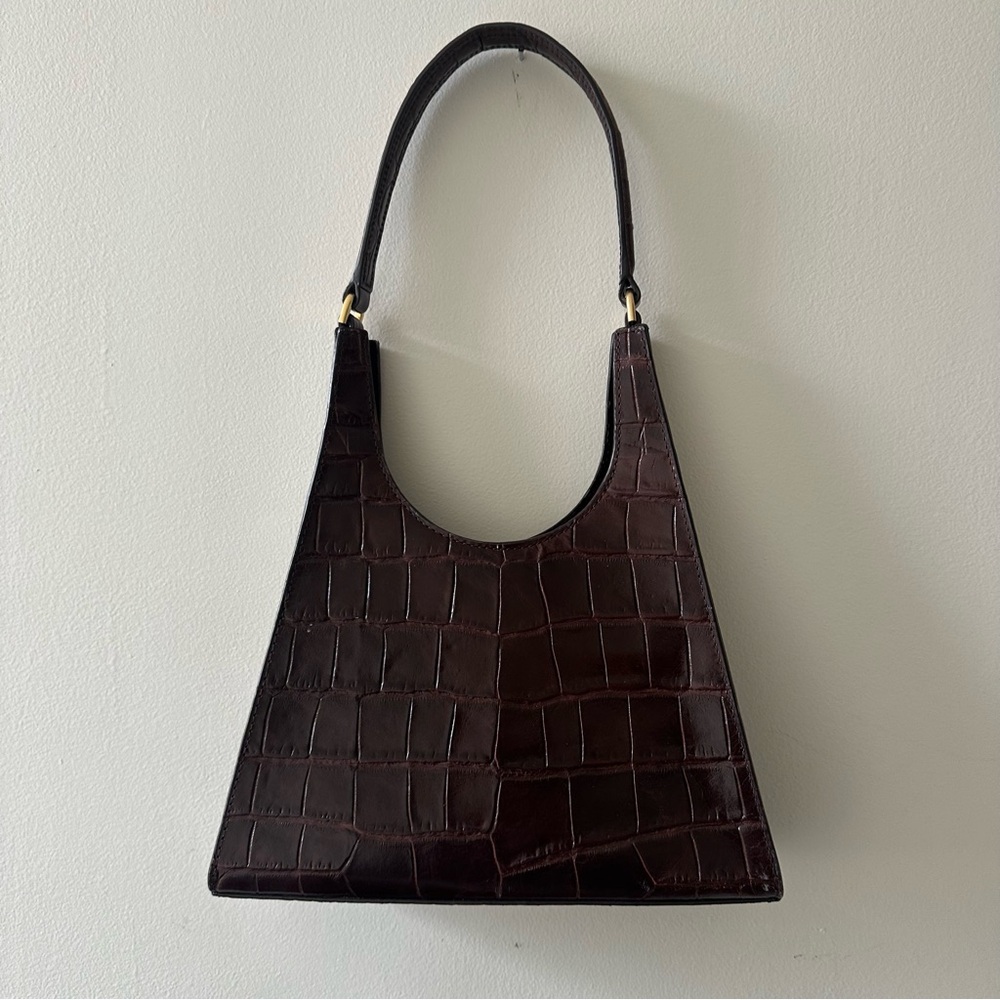 Staud Rey croc embossed dark brown chocolate leather bag.